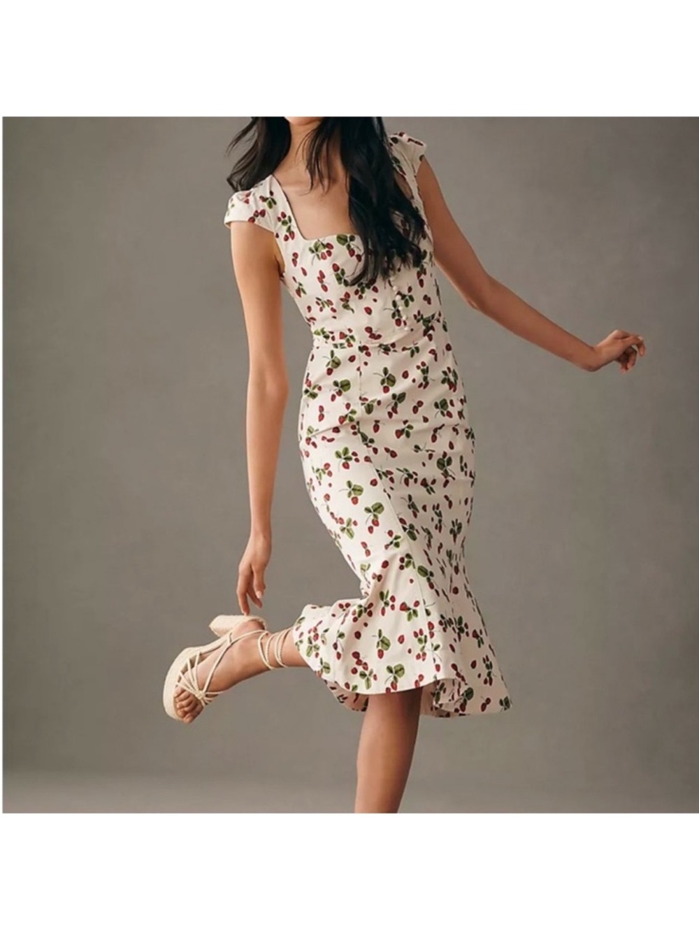 Anthropologie White Cherry-Print Cap-Sleeve Midi Dress